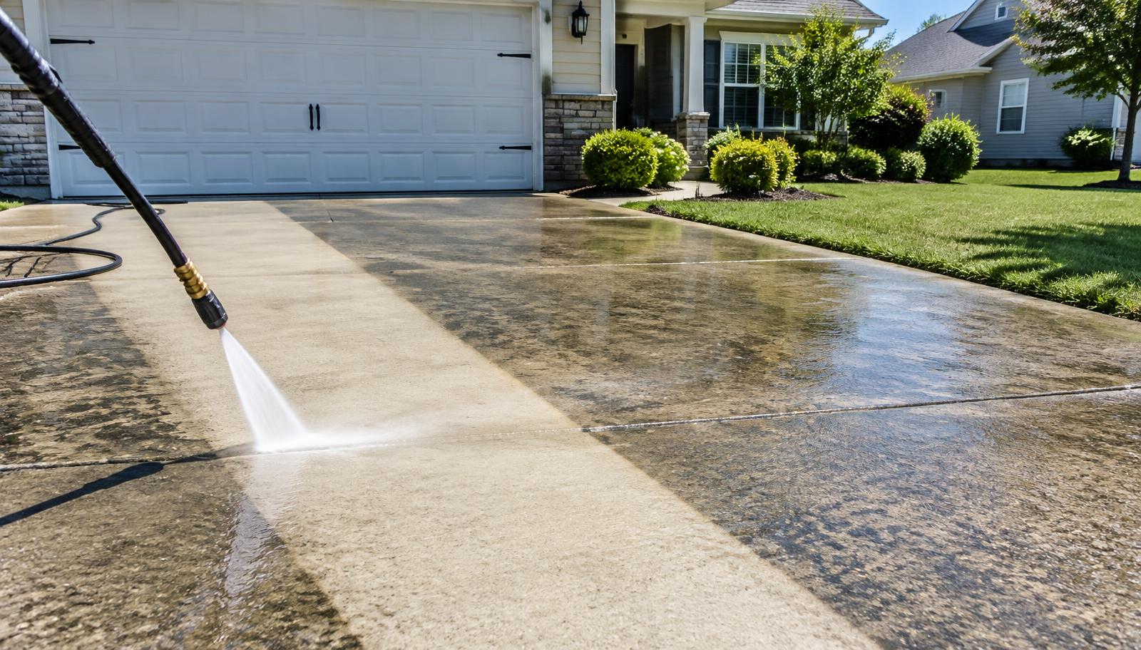 Driveway mid-clean showing clean and dirty concrete side by side